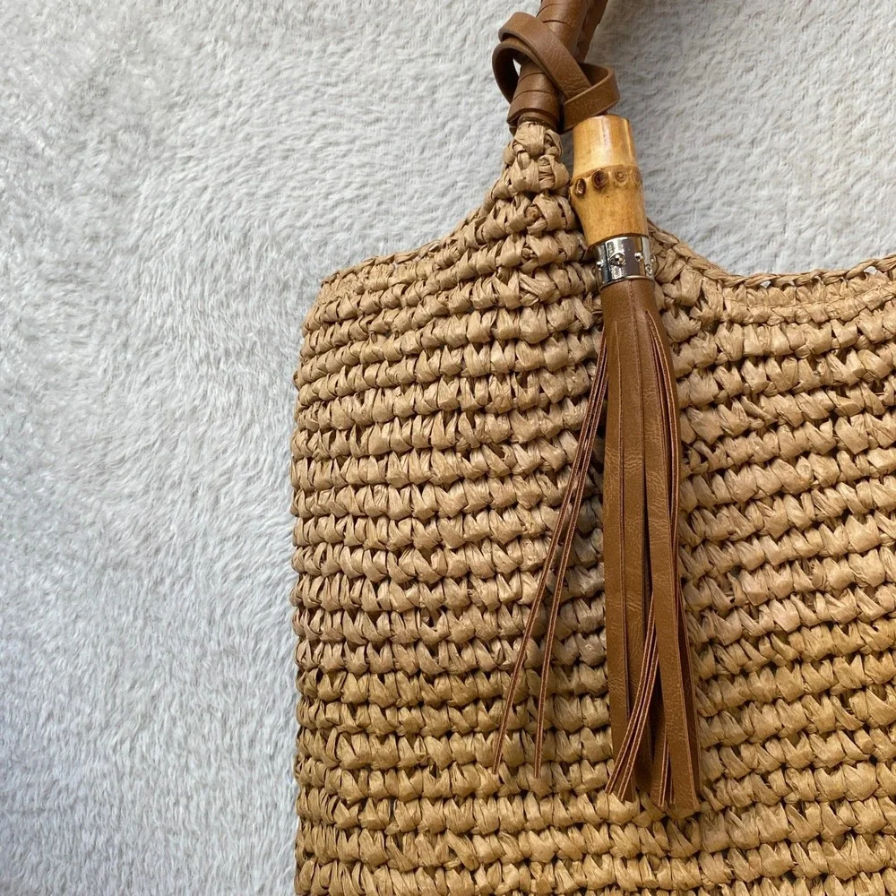 Tommy Bahama Colorblock Woven Straw Tote Bag Tan Coastal Resort Vacation NWT - Picture 4 of 11